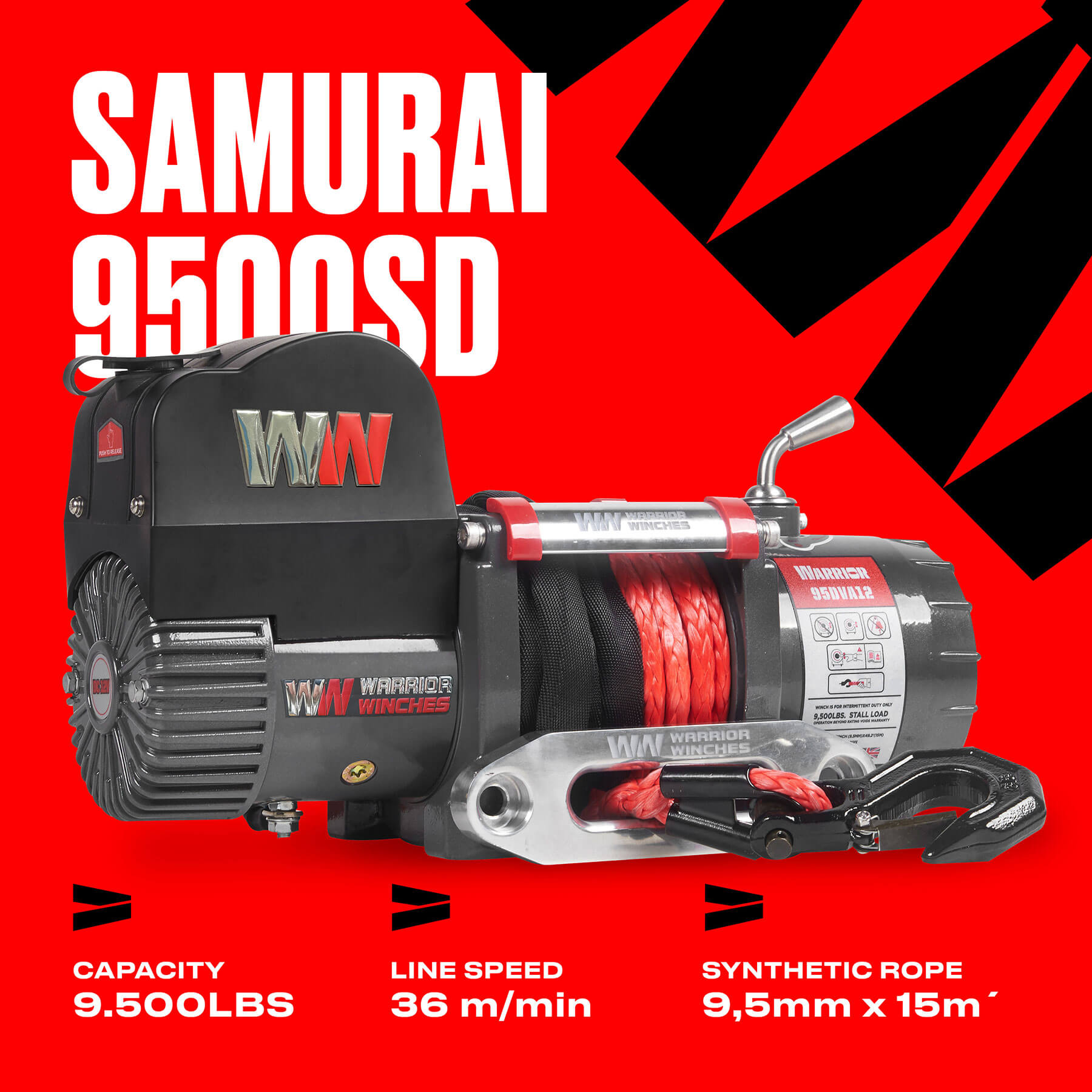 Treuil à tambour court Samurai 9500 - Corde synthétique 12 V